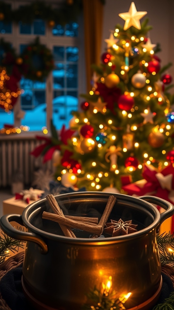 A festive Christmas night scene with a pot of spices, twinkling lights, and a decorated tree.